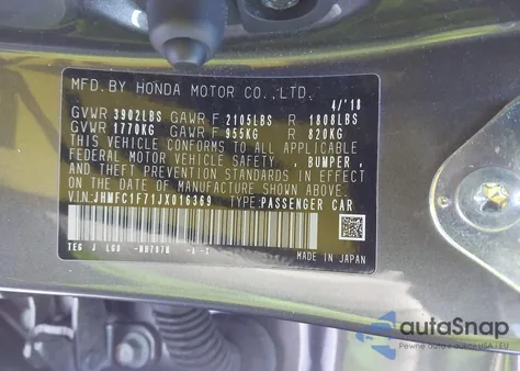 2018 Honda Civic Ex-L z USA, uszkodzony, nr VIN JHMFC1F71JX016369